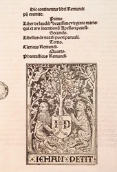 Side i kodeksen "De Laudibus Beatissimae Virginis Mariae" af Ramon Llull (1235-1315), der forestiller to løver, der holder våbenskjoldet af trykkeren Jehan Petit