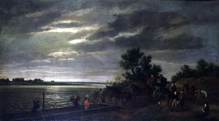 En vogn og heste kommer ind i en færge på floden Leck i Holland om natten