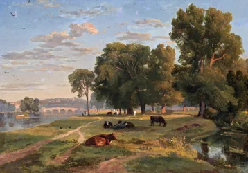 Thames ved Richmond fra Middlesex bank, ser mod broen