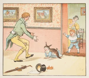 Babyspurv pakket ind i kaninskindet, fra The Hey Diddle Diddle Picture Book, pub.1882 (farvegravering)