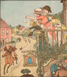 John Gilpin galopperer forbi Bell Inn, mens hans kone og børn vinker fra balkonen, 1878, c1918.