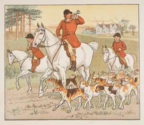 The Huntsman Blows his Horn, fra The Hey Diddle Diddle Picture Book, pub.1882 (farvegravering)