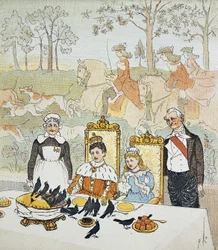 En konge og en dronning sad til bords omgivet af tjenere, bag dem en jagtscene. Plade 14 fra ""Billedbogen"" af Randolph Caldecott (1846-1886). 1879. The British Library Institution Reference: Shelfmark ID: 12805.s.17 A King and Q