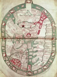Roy.Ms.14 C. f.1 1v-2r Verdenskort med Jerusalem som centrum, Polychronicon, c.1380 (vellum)