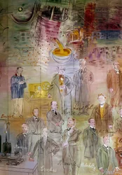 La Fee Electricite, detalje: Portrætter af Emile Baudot, Samuel Morse, William Thomson (Lord Kelvin), Jules Francois Joubert, Wilhelm Conrad Rentgen, Eleuthere Mascart, Wilhelm Hallwachs, Henri Becquerel, William Crookes, James Clerk Maxwell, Hermann von H