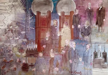 La Fee Electricite, detalje: Portrætter af Johann Wilhelm Hittorf, Heinrich Geissler, Henry Moseley, Pierre Curie, Marie Curie, Dmitrij Mendelee, Thomas Edison og Graham Bell. 1937 (maleri)