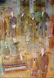 La Fee Electricite, detalje: Portrætter af forskellige intellektuelle og videnskabsfolk: Jules Francois Joubert, Elihu Thomson, Ernst Werner Siemens, Charles Proteus Steinmetz, Marcel Deprez, Gaston Plante, Gabriel Lippmann, John Kerr, Maurice Leblanc, Hum