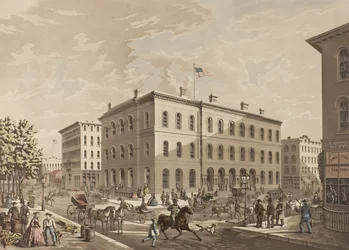 N.W. Hjørne af Dearborn og Monroe Streets, Chicago, viser postkontorbygningen i år 1865