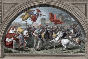Repræsentation af pave Leon I sagde den Store (390-461) mod lederen af hunnerne Attila (ca. 395-453) i 452 i Mantua - barbariske invasioner - (pave Leo I det store møde med hunnerkongen Attila i 452) (efter Raphael)