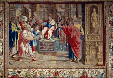 Apostlen Peter og Pauls liv: "" straffen for Barjesu (Elymas) jødiske tryllekunstner, der modsatte sig Paulus og var midlertidigt blind""" Scenen foregår foran den romerske prokonsul Lucius Sergius Paulus og Sankt Barnaba. Du kan se inskriptionen i