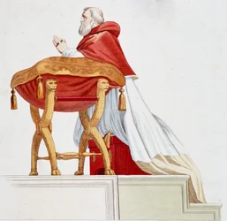 Portræt af pave Jules II i bøn. Gravering efter et maleri af Raphael (Raffaello Sanzio