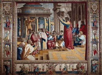 Apostlen Sankt Paulus prædiker i Athens tapestry efter maleri på pap af Raffaello Sanzio dit Raphael (1483-1520), begyndelsen af det 16. århundrede søn. 4,95x6,45 m Mantua, hertugpalads (Mantua)