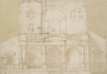 Arkitektonisk design (Villa Madama) (pen og brunt blæk med brun vask på råhvidt papir)
