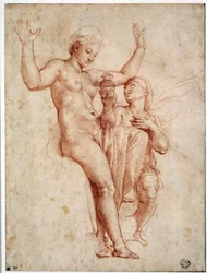 Psyche præsenterer for Venus Styxens vand. Tegning a la sanguine af Raffaello Sanzio dit Raphael (1483-1520)