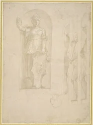 Studier til en figur af Minerva og andre statuer (sølvspids med hvid forhøjning på papir)