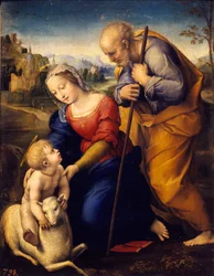 Den hellige familie har lammet. Maleri af Raffaello Sanzio dit Raphael (1483-1520)