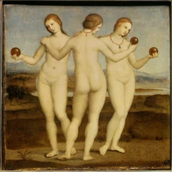 De tre gratier. Maleri af Raffaello Sanzio, kaldet Rafael (1483-1520). 1504-1505. Chantilly. Musée Condé.