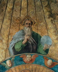 Bestride. Detalje: Gud Faderen. Fresco i Stanza della Segnatura, ca 1510-1511.