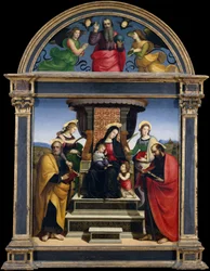 Madonna og barn på tronen med hellige, ca. 1504.