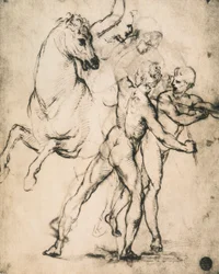 Mandlige nøgenbilleder med en hest; tegning af Raphael. Gallerie dellAccademia, Venedig
