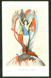 Postkort, farvesatirisk: For Lov og Frihed - War of 14 -18, Allierede, Flag - Eagle Illustration af Kirchner (1876-1917)