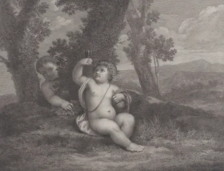 Spædbarnet Bacchus sad under et træ, holder et vinglas op, med et andet spædbarn bag..., 1780