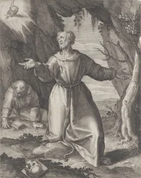 Saint Francis knæler med strakte arme og ser mod en kerub øverst til venstre,..., 1599.