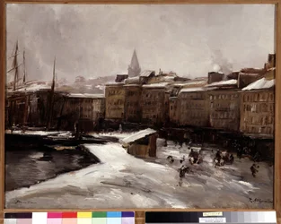 Quai du port, Marseille, under sneen Maleri af Raymond Allegre (1857-1933) Mål 56x74 cm. Obligatorisk omtale: Med venlig hilsen de Provence Marseille foundation collection
