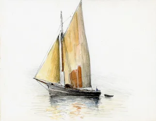 Båd (gabare) på Gironde-flodmundingen (gouache, kul og blyant på papir)
