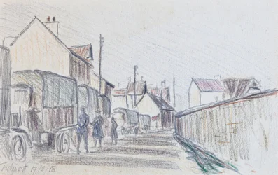 Konvoj af militærkøretøjer ved Trilport, ca. 1914-18 (blyant på papir)