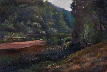 Landskab med skov, dam og åkander