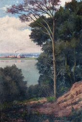 Landskab med flod og fabrik