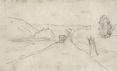 Vej med lastbiler og eksplosioner på en mark, ca. 1914-18 (tegning)