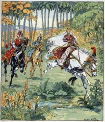Parizade overhaler sine brødre Bahman og Pervis i hestevæddeløbet. Illustration af Raymond de La Neziere (1865-1953) til fortællingen "Histoire des deux sœurs jealous de leur cadette" i "Les mille et une nuits" (les 1001 nuits ou Le mille e una notte, A