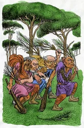 Fabler: En gruppe trolde udfører en rituel dans i skoven, hvor de ryster fyrretræsgrene, illustration af Reginald L. Knowles til den norske fabelsamling "Norse Fairy Tales" af P.C. Asbjørnsen og J.I. Moe.