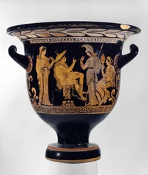 Apuliens røde klokkekrater dekoreret med en scene af dommen i Paris, ca. 375-350 f.Kr. (keramik)
