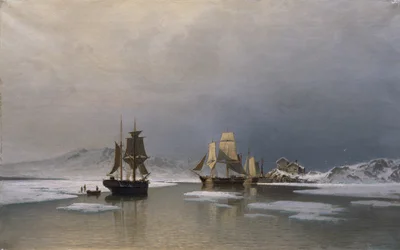Sejlskibe på frossen fjord (olie på lærred)