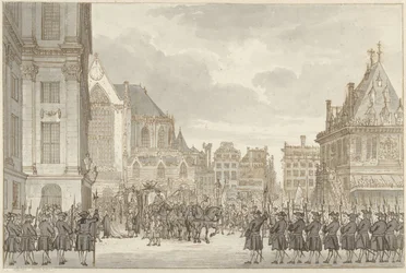 Ankomst af prins William V og Frederica Sophia Wilhelmina af Preussen til rådhuset på Dam-pladsen i Amsterdam, 30. maj 1768