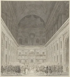 Bal i borgersalen i Amsterdams rådhus til ære for besøget af prins William V og Wilhelmina af Preussen, juni 1768