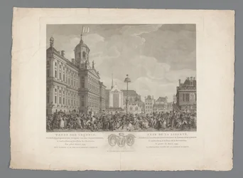 Frihedens fest på Dam-pladsen i Amsterdam, 4. marts 1795 Frihedens fest, fejret i anledning af indvielsen af ​​frihedstræet, i Amsterdam, på revolutionspladsen, den 4. marts 1795. Det første år for den bataviske frihed / Fête de la L