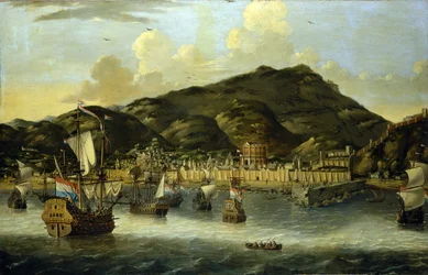 Hollandske skibe ud for Tripolis (Libyen) kyst med havnens og byens befæstede mure. Oliemaleri af Reinier Nooms (1623-1667).