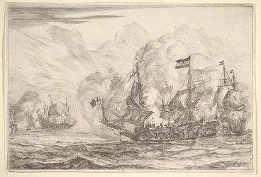 Sømøde med tre fartøjer til højre, fra søslag Nieuwe Scheeps Bat..., 1652-54.