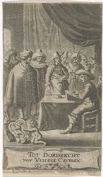 Købmand ved skrivebordet Titelblad for: J. van der Does e.a., Verscheyde voyagien, ofte reysen, 1652
