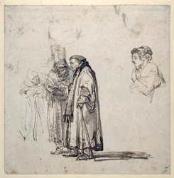 En gruppe ældre lærde og hver for sig en yngre mands profil (pen og blæk på papir) (recto of 2636120)