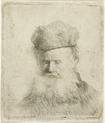 Buste af en gammel mand med pelshue og flydende skæg, ca. 1631 (radering på papir)