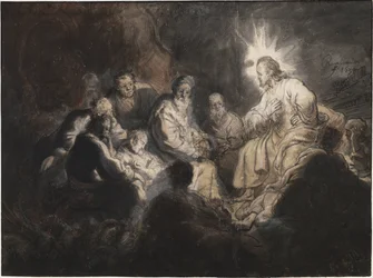 Kristus og hans disciple i Getsemane Have, af Rembrandt van Rhijn (1606-1669). Pen, pensel, grå og brun farve, akvarel på papir, ca 1634. Mål: 35,7x47,8 cm. Teylers Museum, Haarlem