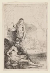 Mand nøgen siddende og stående, ca. 1646 (ætsning på elfenbensfarvet papir)