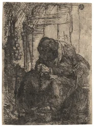 Gammel kvinde siddende i en hytte med en række løg på væggen, ca. 1629 (radering)