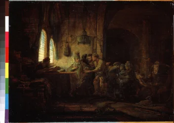 Lignelse om arbejderne i vingården eller lignelse om arbejderne i den ellevte time (lignelsen om arbejderne i vingården). Maleri af Harmenszoon van Rijn kendt som Rembrandt (1606-1669)