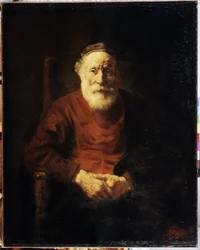 Portræt af en gammel mand i rødt. Maleri af Harmenszoon van Rijn kendt som Rembrandt (1606-1669)
